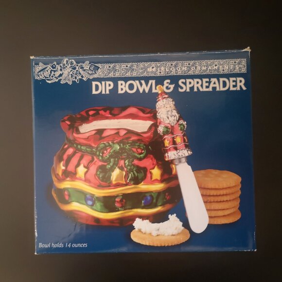 New Boston Warehouse Heirloom Ceramic Dip Bowl & Spreader 14oz Red, Green & Gold - Picture 4 of 4